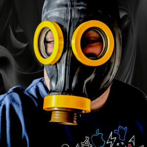A man wearing gasmaks with a gasmask with custom yellow eye ring and yellow nose ring